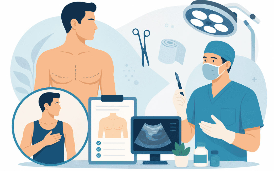 Male patient and surgeon in a clinic, with medical charts, ultrasound monitor, and surgical tools in the background