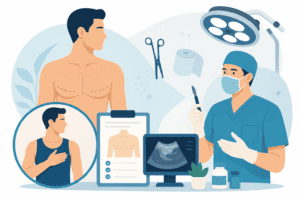 Male patient and surgeon in a clinic, with medical charts, ultrasound monitor, and surgical tools in the background
