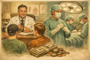 A doctor talks with two patients in a clinic while a surgical team operates in the background and a pile of money and coins sits on the desk, suggesting medical costs or bribes.
