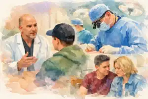 Doctor in a white coat talks to a patient, with surgeons operating in the background and a couple seated nearby.