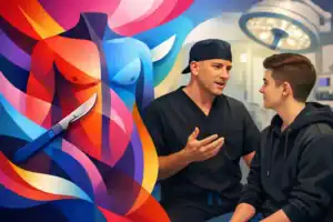 Two people—a clinician in scrubs and a patient in a hoodie—talk in a hospital corridor with a vibrant abstract mural behind them (knife motif visible).
