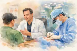 Doctor in a white coat talks with a patient across a desk as a surgeon operates in the background.