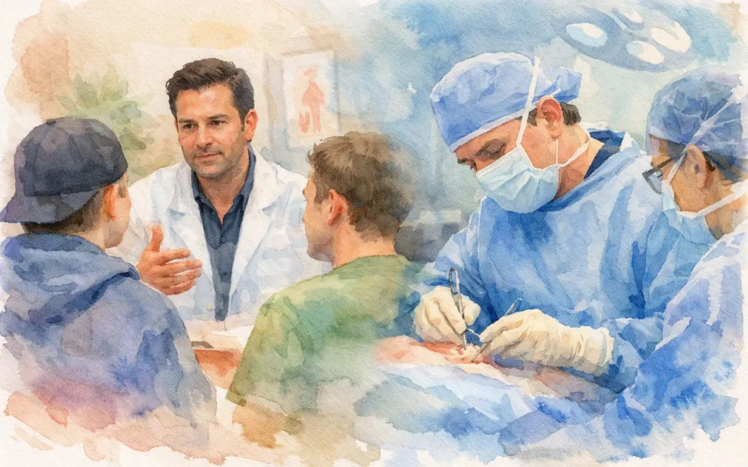 Operating room scene with surgeons in blue scrubs and masks performing surgery while a doctor explains the procedure to a patient and staff member.