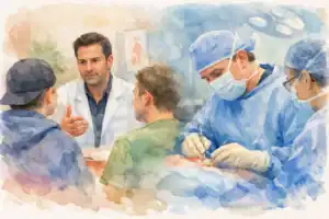 Operating room scene with surgeons in blue scrubs and masks performing surgery while a doctor explains the procedure to a patient and staff member.