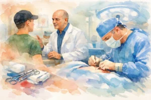 Two surgeons and a patient in an operating room; a doctor in a white coat speaks with the patient while a surgeon prepares instruments nearby